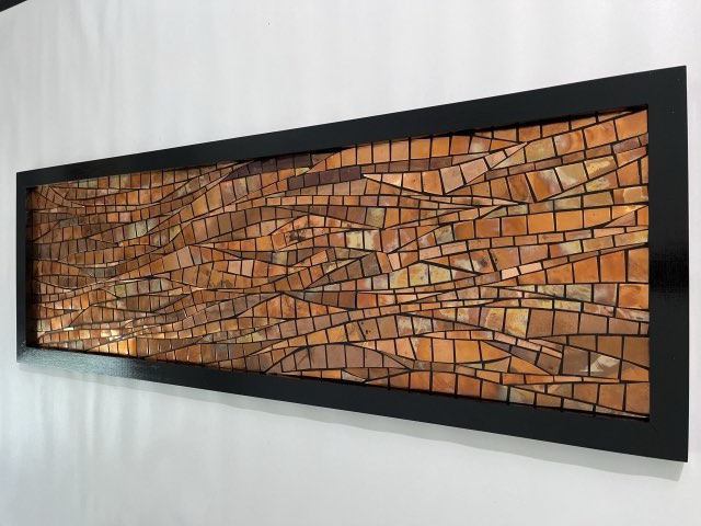 Framed abstract copper mosaic wall art